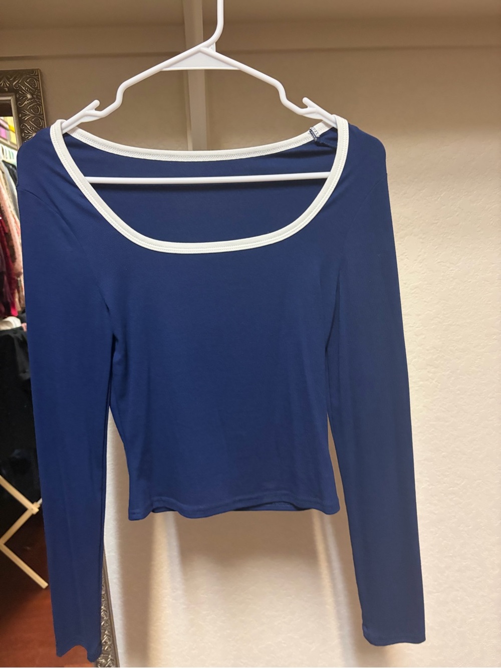 SHEIN Navy Long-Sleeve Scoop Neck Top with White Trim